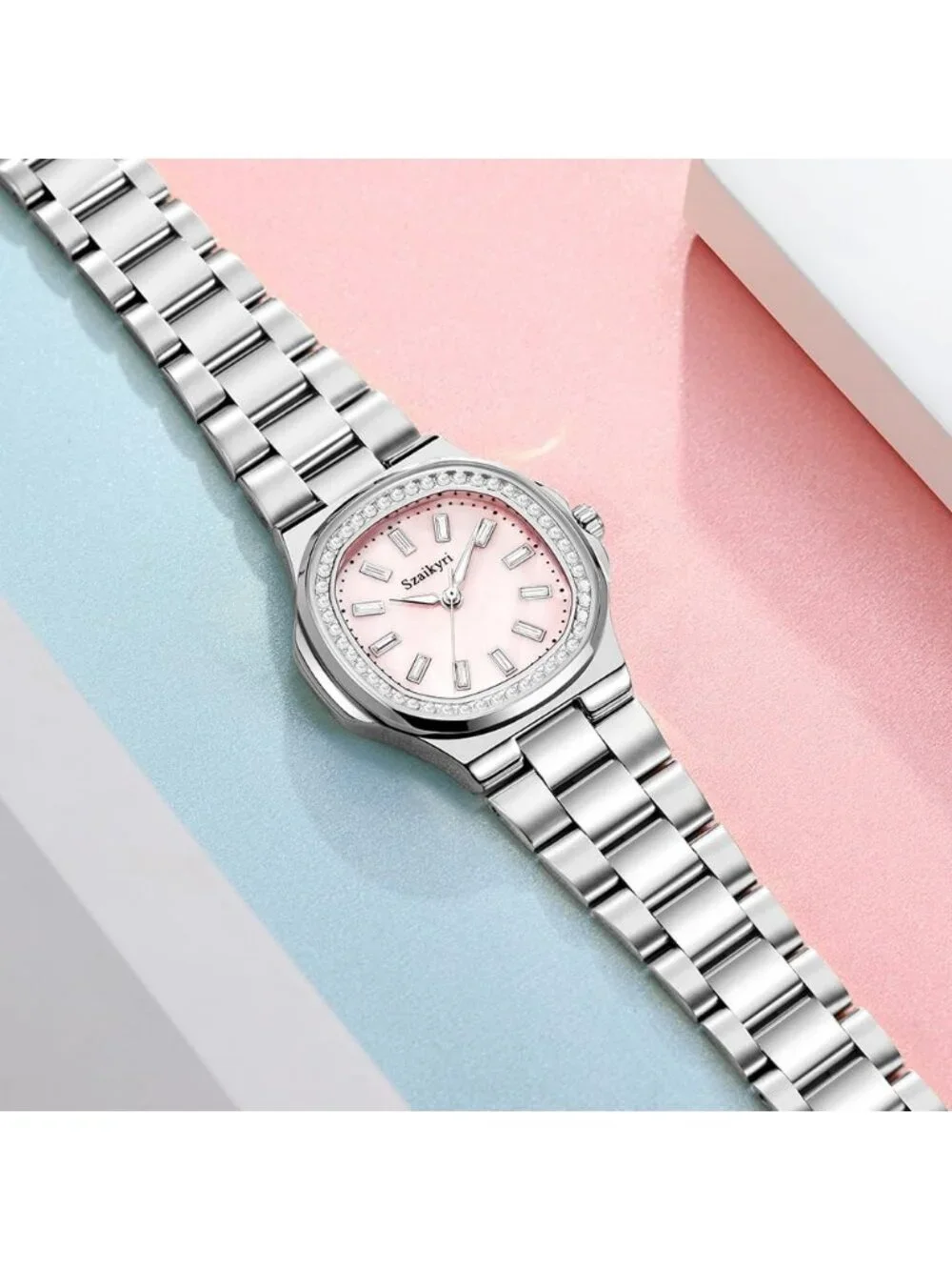 Women's Silver Pink Crystal Accented Solid Stainless Steel Band Wrist Watch